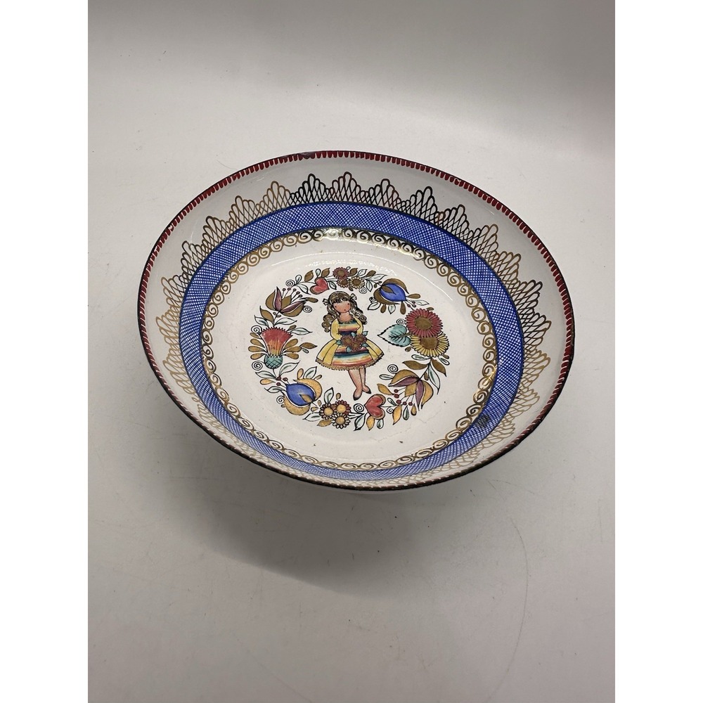Hand Painted Austrian Folk Art Bowl Girl Floral Design Austria Vintage